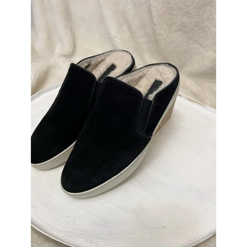 Vince Garvey Suede Shearling Lined Mules Shoes Size 6.5 Women's Black Slip On